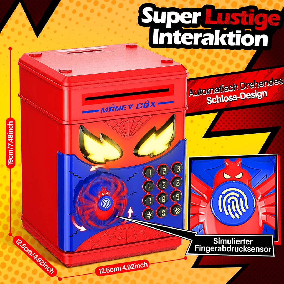 Ltteaoy Kindertresor mit Spinnen Motiv und virtuellem Fingerabdruck,Elektronische Spardose mit Zahle