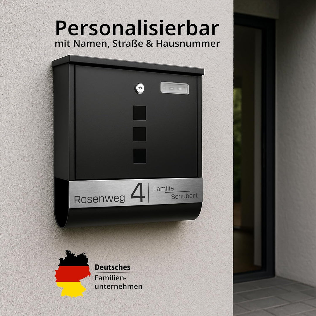 Grafner Briefkasten personalisiert, schwarz mit Zeitungsfach und 2 Schlüssel, V2A Namensschild, Post
