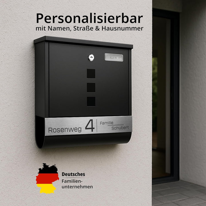 Grafner Briefkasten personalisiert, schwarz mit Zeitungsfach und 2 Schlüssel, V2A Namensschild, Post