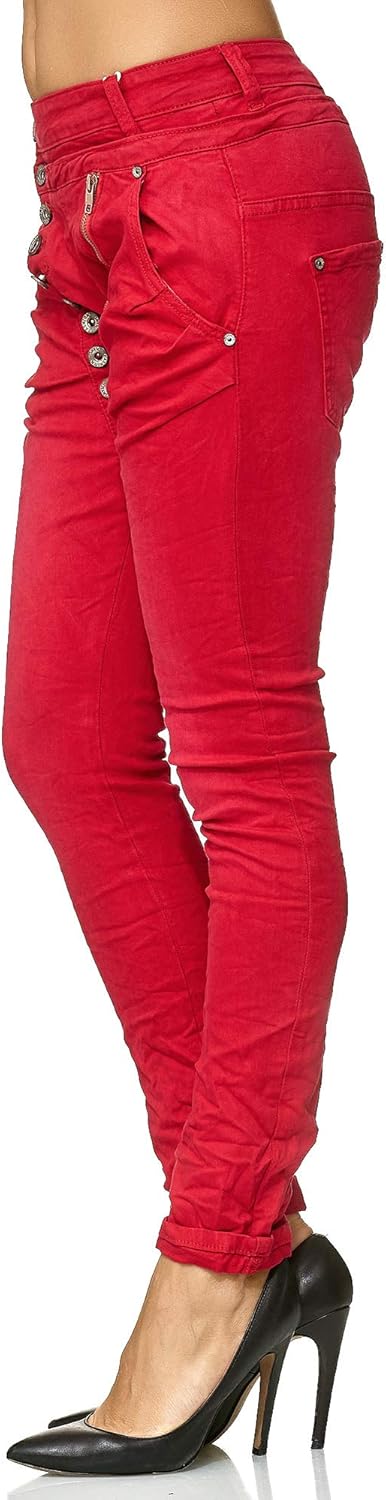 Elara Damen Jeans Boyfriend Knopfleiste Chunkyrayan 34 Slim Rot Lissabon, 34 Slim Rot Lissabon