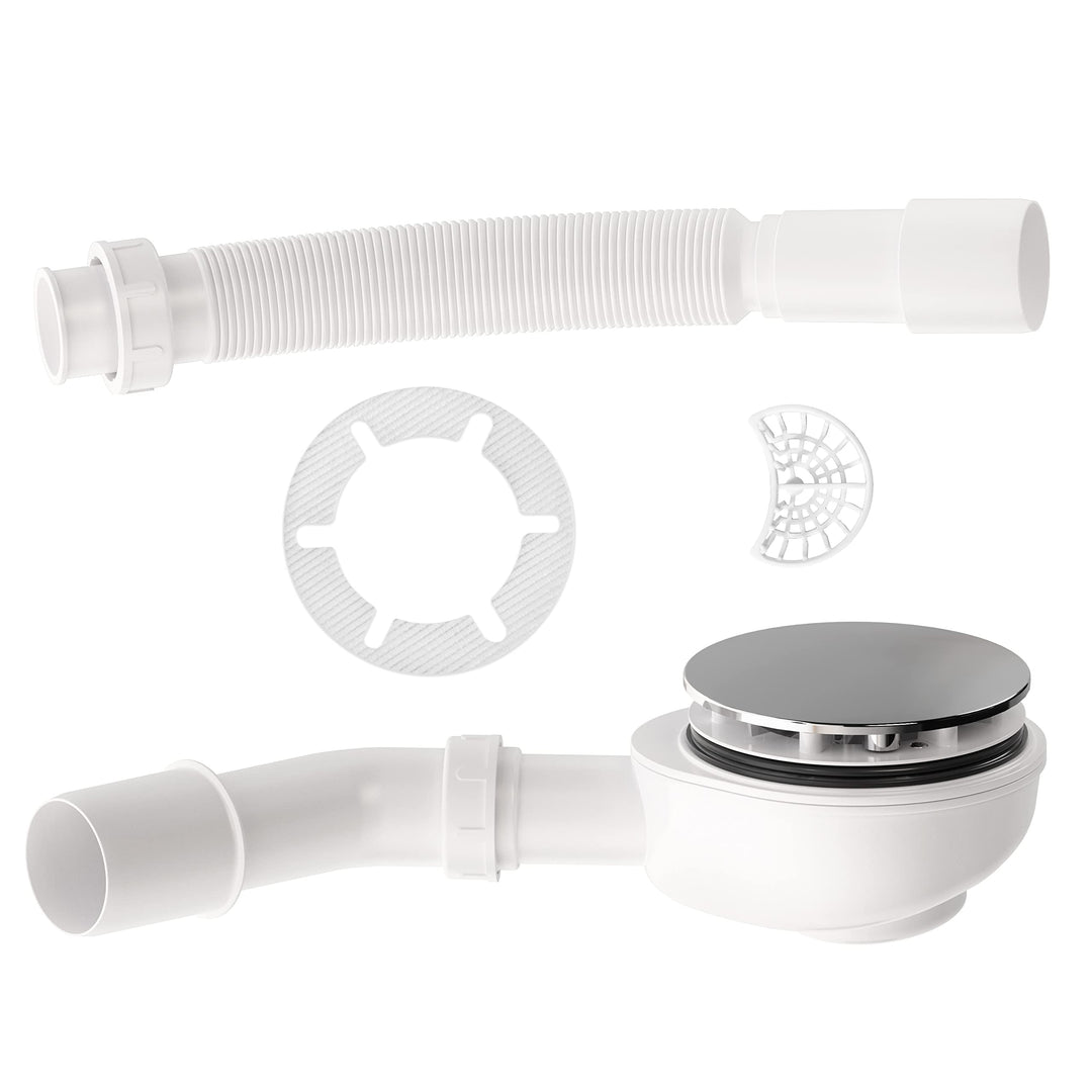Aquabad Ablaufgarnitur Set für Duschwanne extraflach A9.200 in Chrom Abdeckung 90mm Gratis Haarfänge