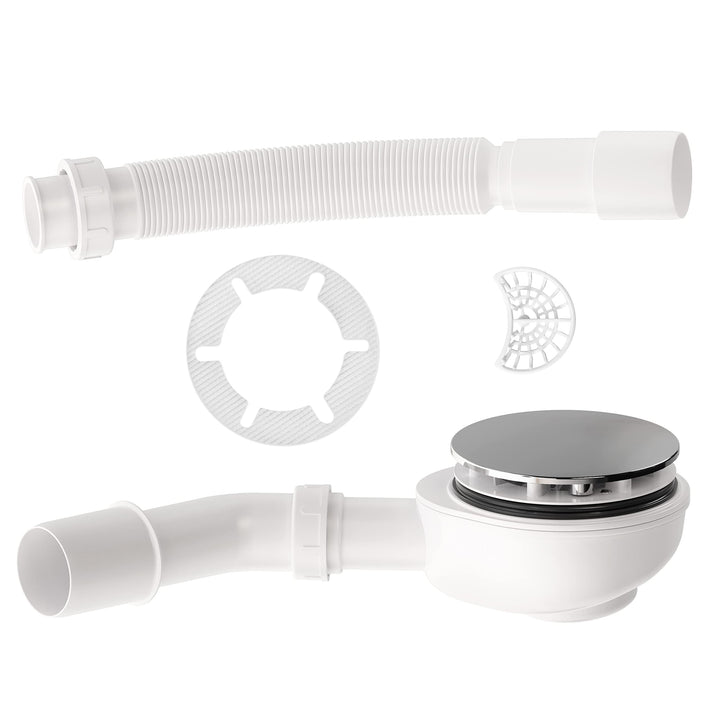 Aquabad Ablaufgarnitur Set für Duschwanne extraflach A9.200 in Chrom Abdeckung 90mm Gratis Haarfänge