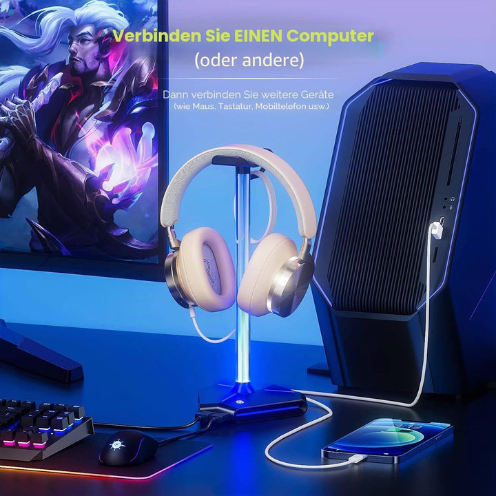 ALACOO RGB Kopfhörer Ständer, Headset Halterung Halter mit 2 USB 2.0-Anschlüssen, Typ C Eingang & Au