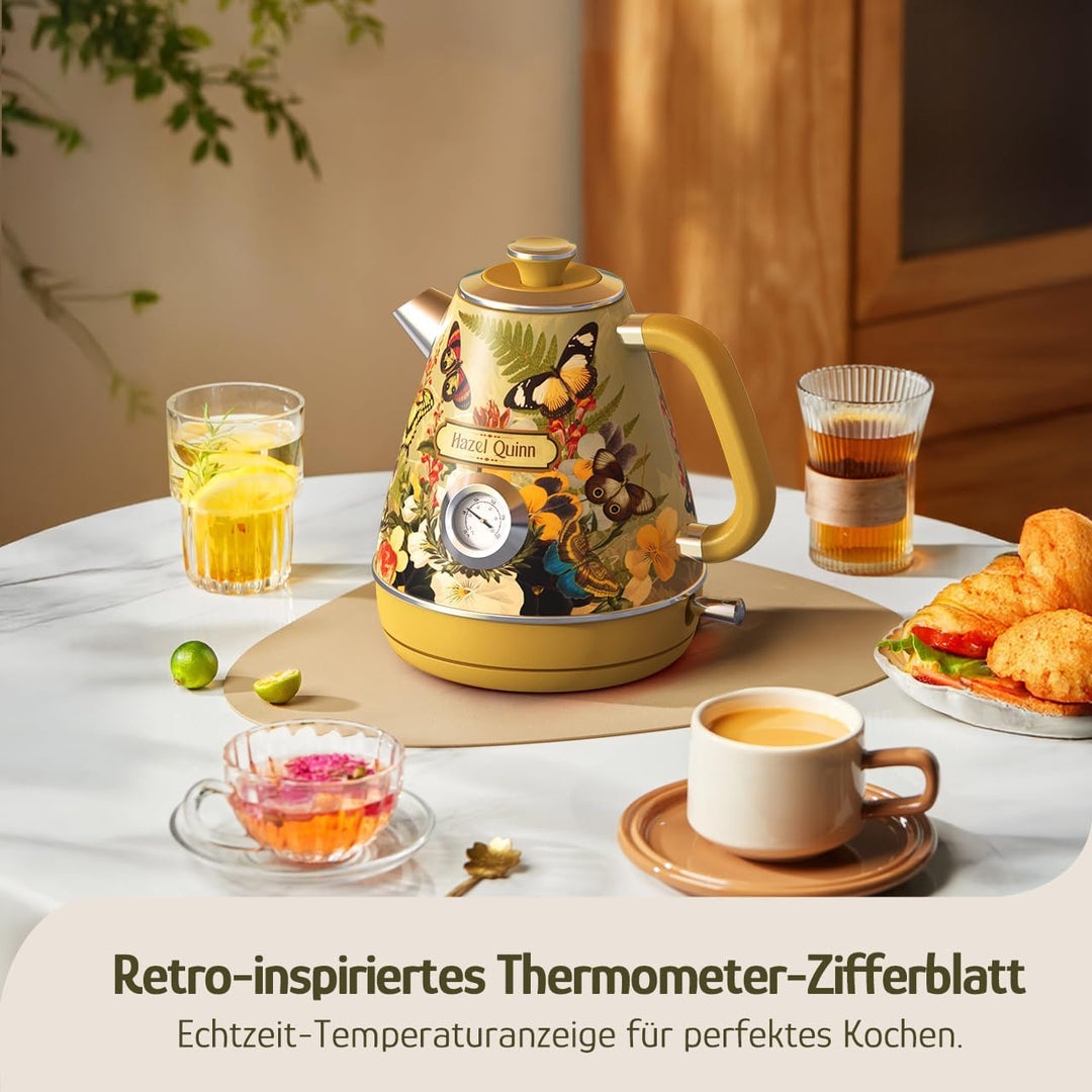 Hazel Quinn Wasserkocher Retro Vintage Design Edelstahl, BPA-frei, Automatische Abschaltung, Wasserk