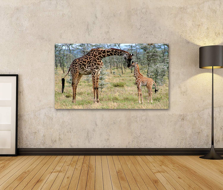 islandburner Bild auf Leinwand Mutter Baby Giraffe Natur Bilder Wandbilder Poster, 80L x 40B cm