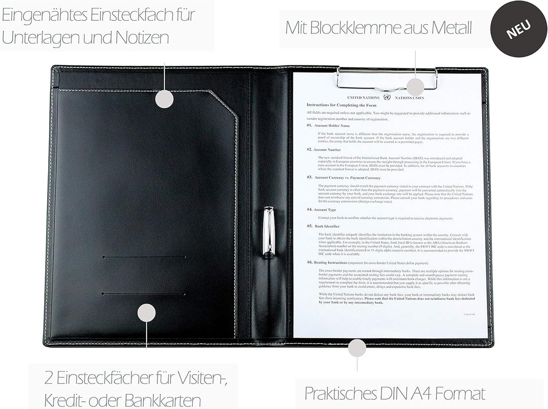 DELMON VARONE - Personalisierbare Klemmbrett Mappe DIN A4 Cambridge Top Grain Leder Schwarz - Organi