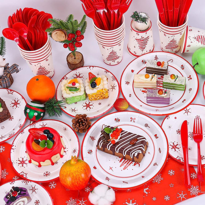 KAHEIGN 168Pcs Weihnachten Geschirr Set für 24 Personen, Papier Partygeschirrset mit 24Sets Speisete