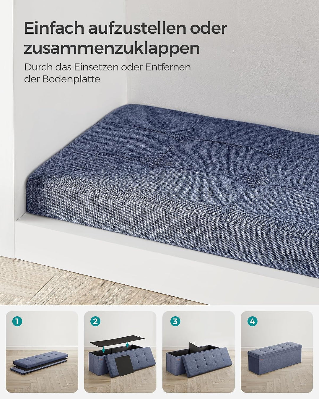 SONGMICS Sitzhocker mit Stauraum, klappbare Sitzbank, 38 x 110 x 38 cm Fussbank, Aufbewahrungsbox, b