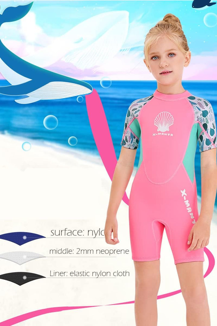 Mädchen 2.5mm Neoprenanzug Kinder Einteiler Tauchanzug Shell Gedruckt Kurzarm Shorty Badeanzug Patch
