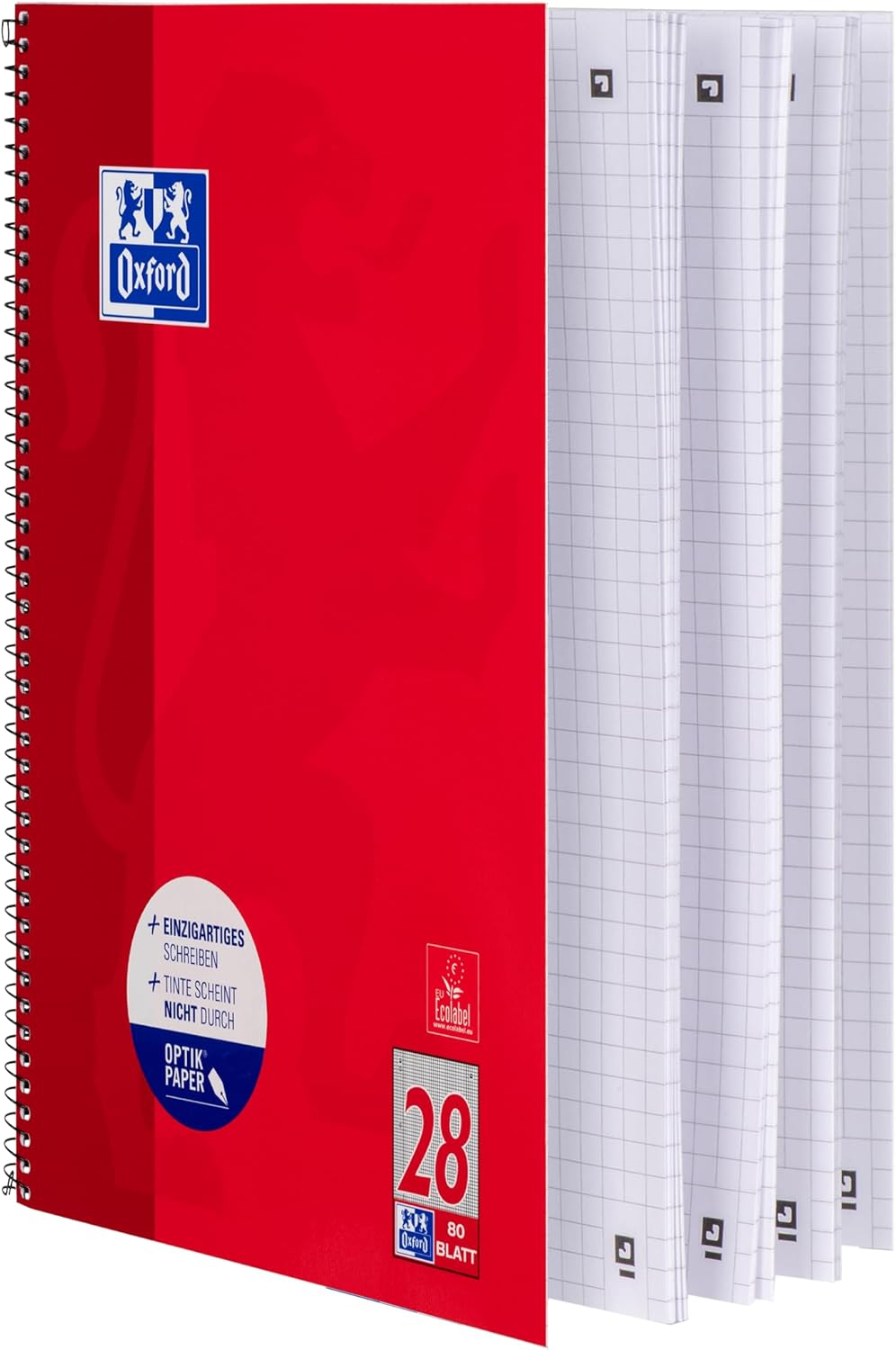 Oxford Collegeblock A4 kariert, mit Doppelrand, 80 Blatt, rot, 10 Stück, 10 Stück