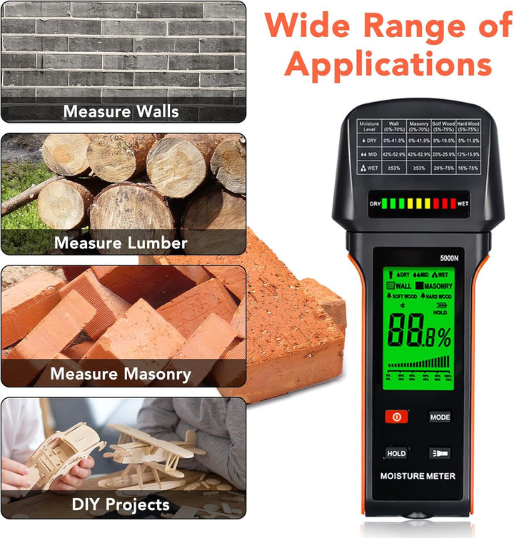 Holzfeuchtemessgerät 4-in-1, 5000N Digitales induktives feuchtigkeitsmesser wand für Wände, Mauerwer