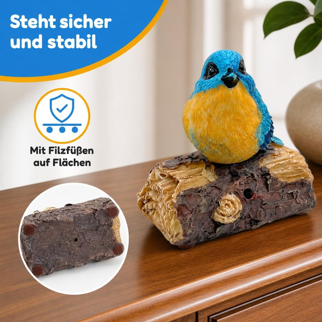 MIJOMA Dekovogel mit Vogelgezwitscher & Bewegungsmelder – Zwitschernder Vogel auf AST, Handbemalt, 1