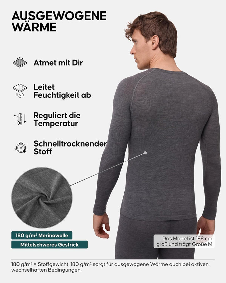 DANISH ENDURANCE Merino Langarm Shirt Herren, Premium Thermounterwäsche, Skiunterwäsche, Temperaturr