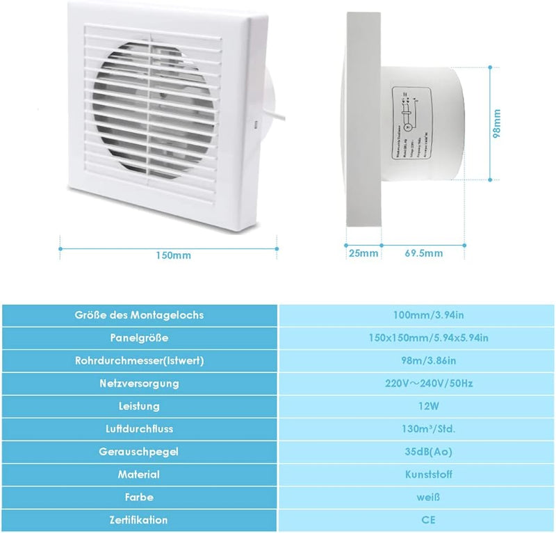 Randaco Badlüfter Ø 100mm Wandventilator Lüfter, badezimmer Abluft Ventilator Küche WC Bad Lüfter, L