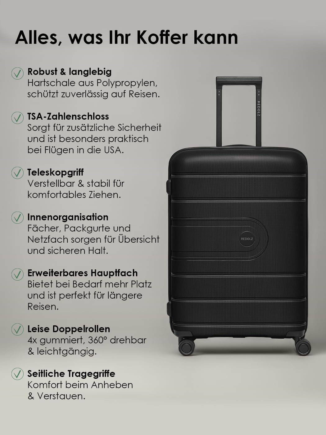 REDOLZ Hartschalen Check-in Koffer | Mittelgrosser M Trolley 46 x 28 x 66 cm mit Dehnfalte aus hochw