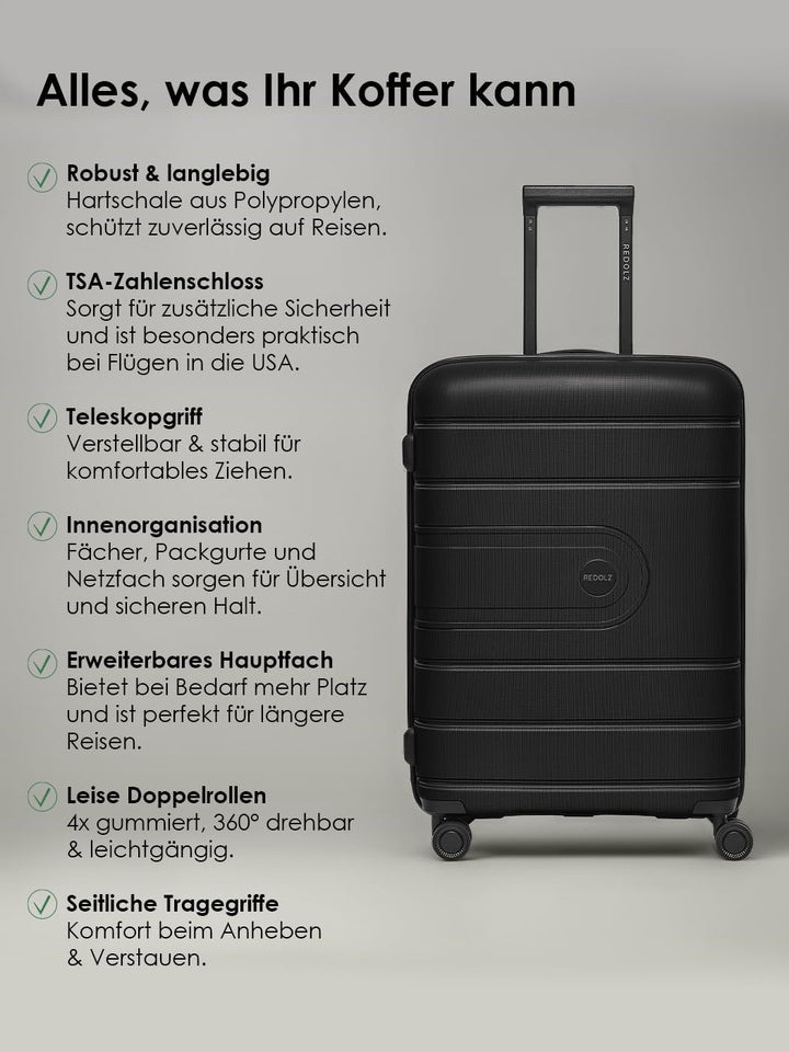 REDOLZ Hartschalen Check-in Koffer | Mittelgrosser M Trolley 46 x 28 x 66 cm mit Dehnfalte aus hochw