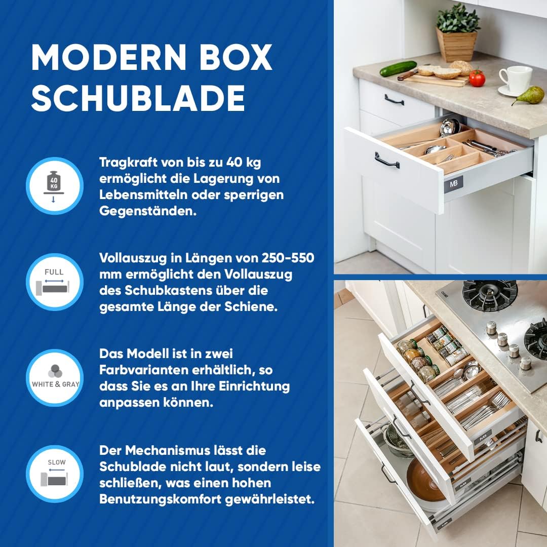 GTV - Modern Box Schublade I L=550mm H=146 mm I Weiss I Leises Schliessen I Belastung bis zu 40 kg I