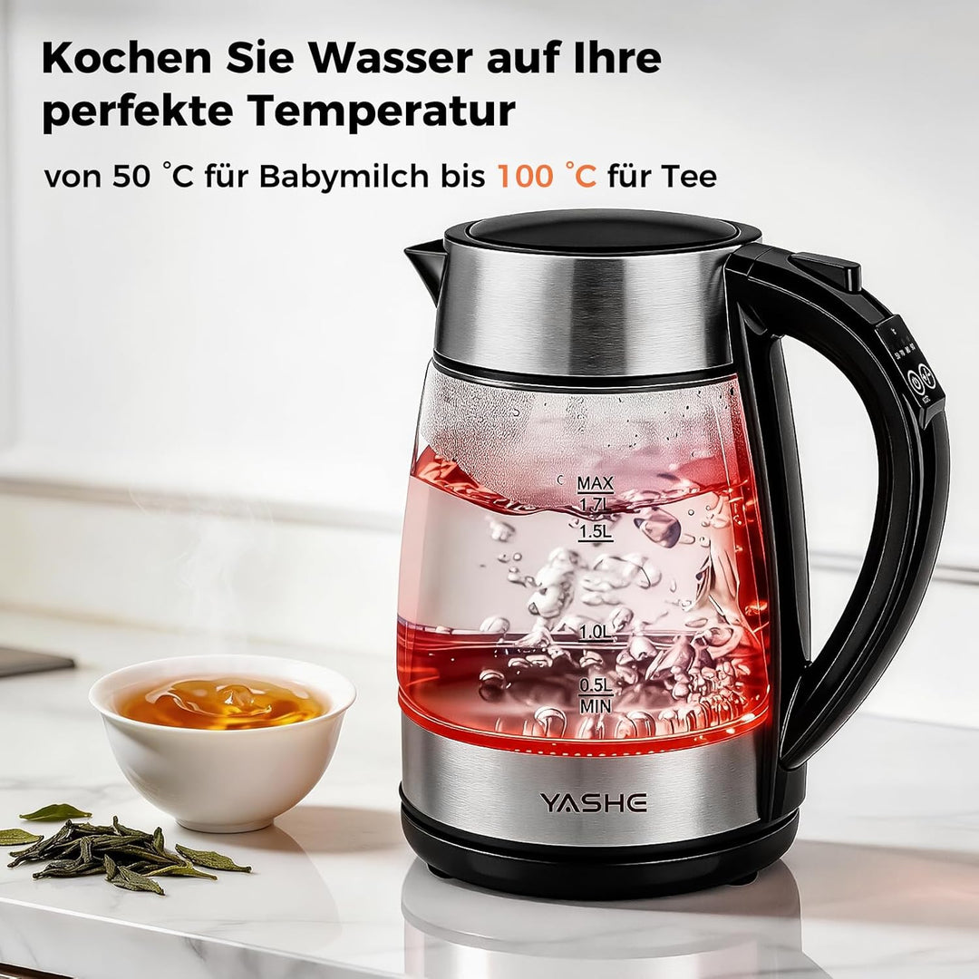 YASHE Wasserkocher mit Temperaturwahl 1,7L, 2200W Schneller Elektrischer Wasserkocher Glaswasserkoch