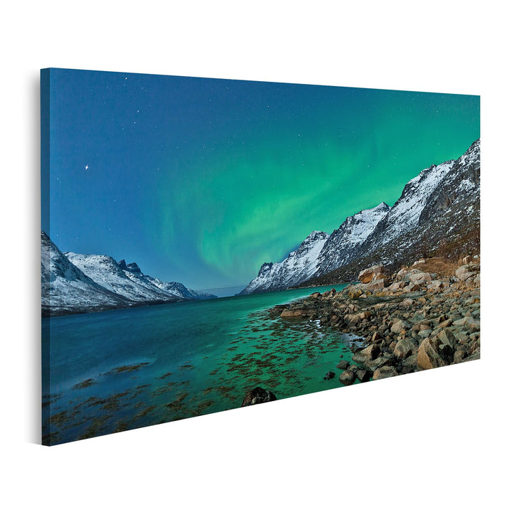 islandburner Bild auf Leinwand Aurora Borealis Nordlichter Reflexion Mit Fjorden Bilder Wandbilder P