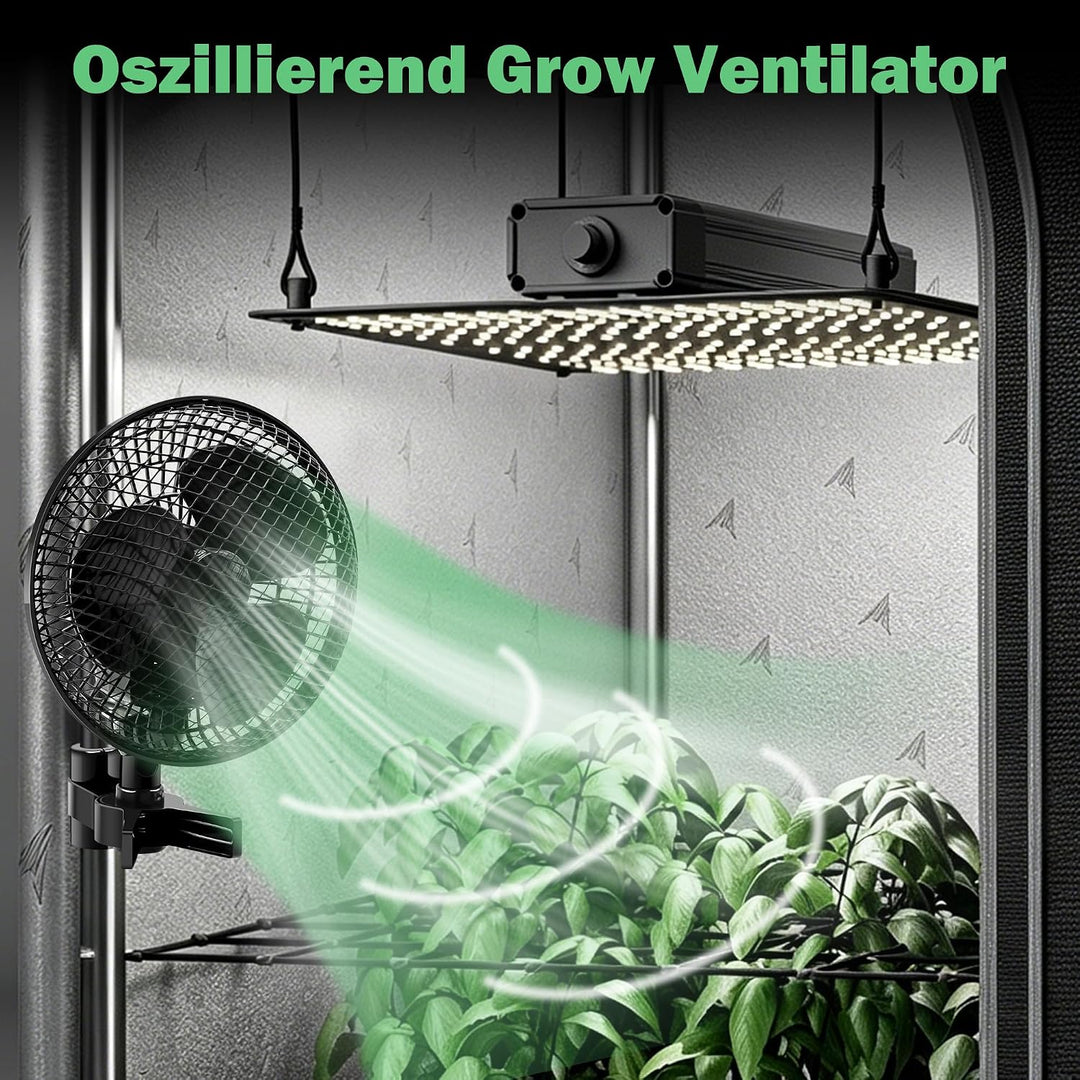 Oszillierender Grow Ventilator mit 2 Stufen, Clip Lüfter 20W | Stabiler Metallschutzgitter, Hitzebes