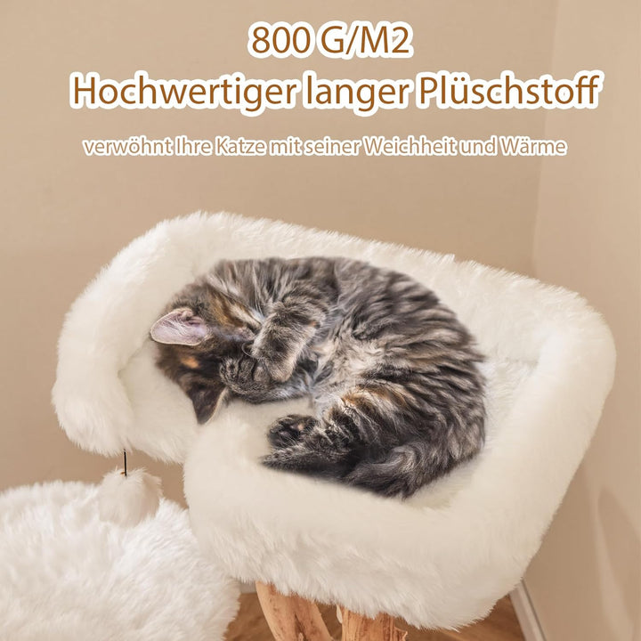 SOARS Kratzbaum Holz, Katzenbaum mit 3 natürlichen Birnbaumstämmen, Katzenbett & Plüschflächen, Katz