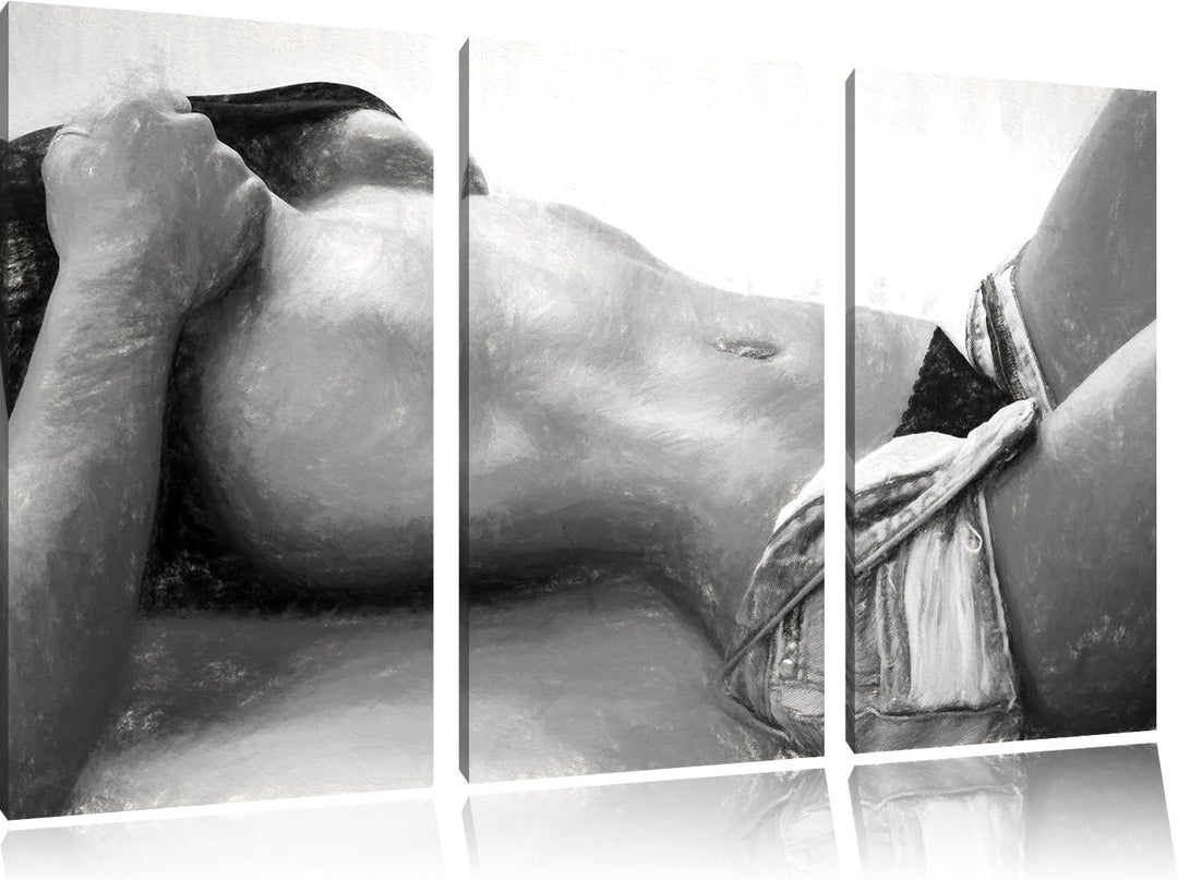 Pixxprint Sexy Frau mit schönem Körper Kohle Zeichnung Effekt 3-Teiler Leinwandbild 120x80 Bild auf