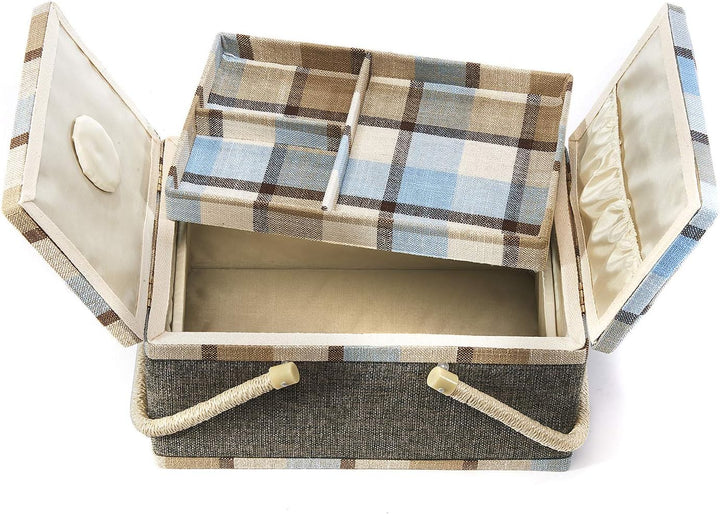 Kobolo Nähkästchen Nähkorb Nähkörbchen Nähkasten - blau kariert - Stoff - 33x23x17 cm