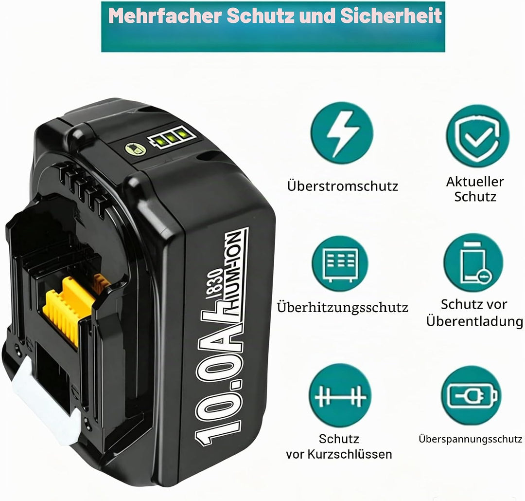 2 x 10.0Ah Akku Ersatzakku für makita akku 18V BL1860B BL1850B BL1840 BL1830 BL1815 BL1845 BL1890 BL