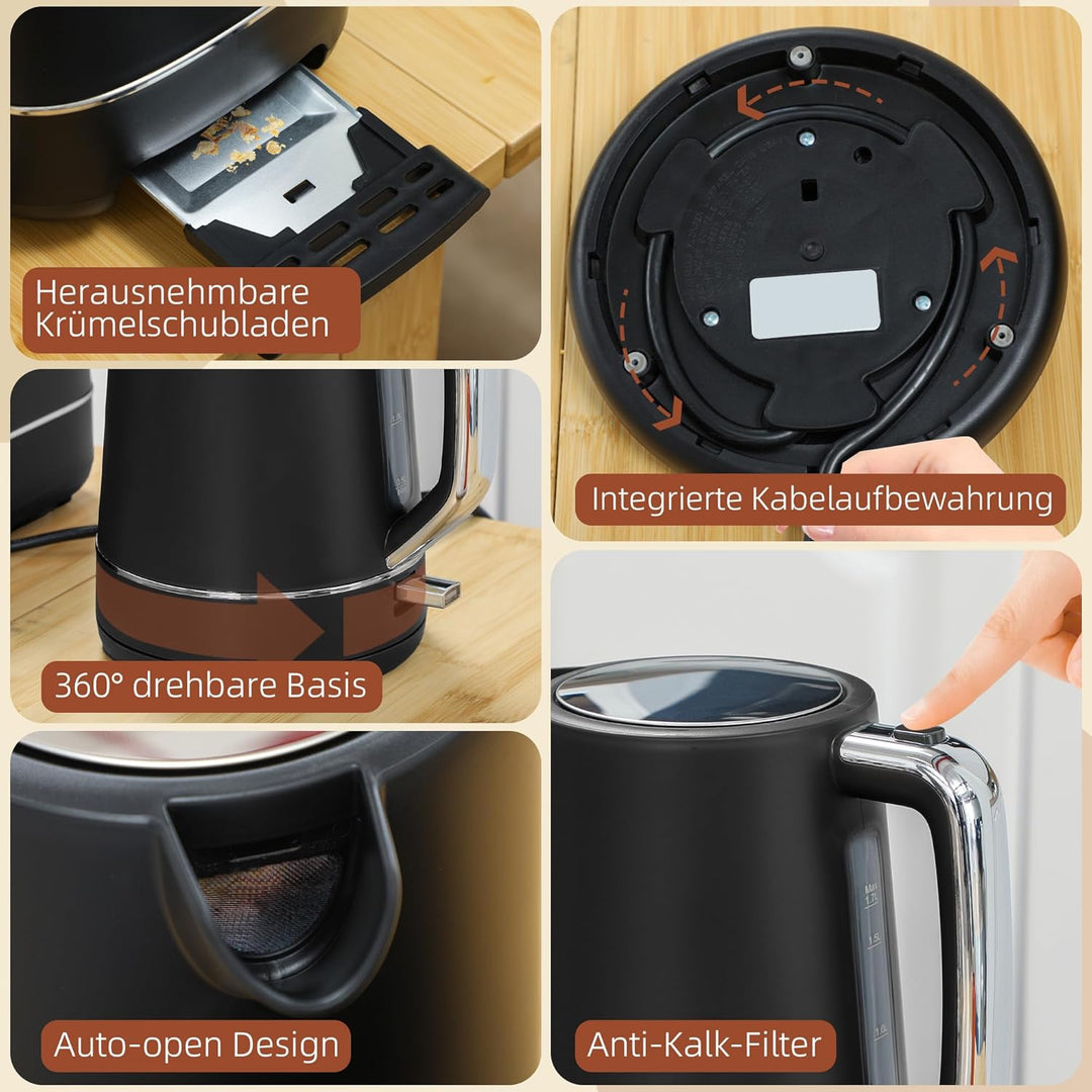 HOMCOM Wasserkocher Toaster Set 2200 W 1,7L Wasserkocher, 2 Scheiben Toaster, 6 Bräunungsstufen, Auf
