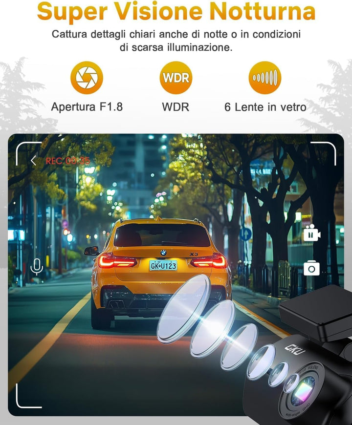 GKU 4K Dashcam Auto,Dashcam Auto vorne,Mini Auto Kamera mit integriertem WLAN,170° Weitwinkel,Nachts