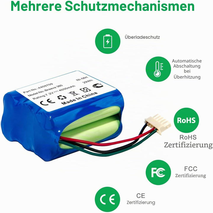 7.2 V 4000mAh 4409709 NI-MH Akku für iRobot Braava 390T, 380T, 380, Mint Plus 5200, 5200B, 5200C Sta