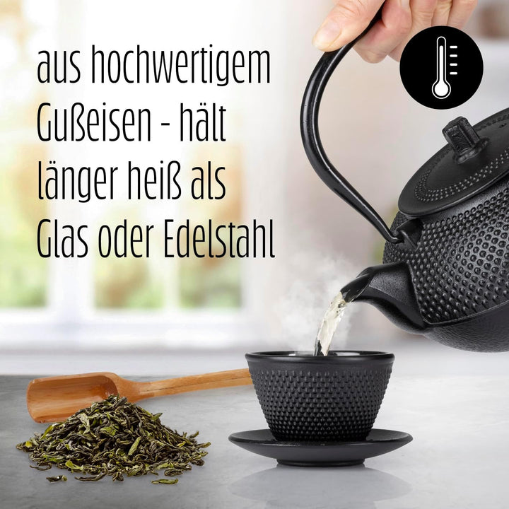 Lumaland Tee Set 12-teilig | 1,4 Liter Gusseiserne Teekanne Tetsubin | Stövchen aus Gusseisen | 4 Te
