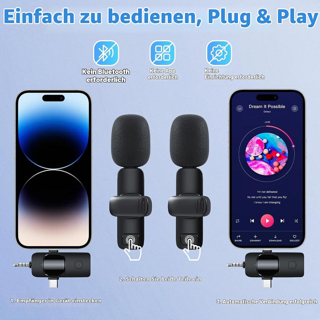 GKEAPZA Kabelloses Lavalier Mikrofon für Handy/iPhone/Computer, Wireless USB C Ansteckmikrofon für V