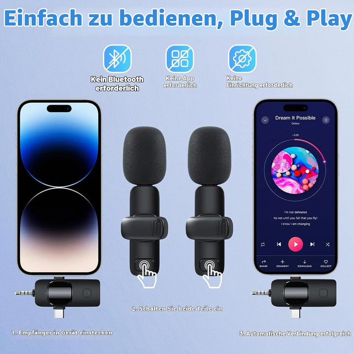 GKEAPZA Kabelloses Lavalier Mikrofon für Handy/iPhone/Computer, Wireless USB C Ansteckmikrofon für V