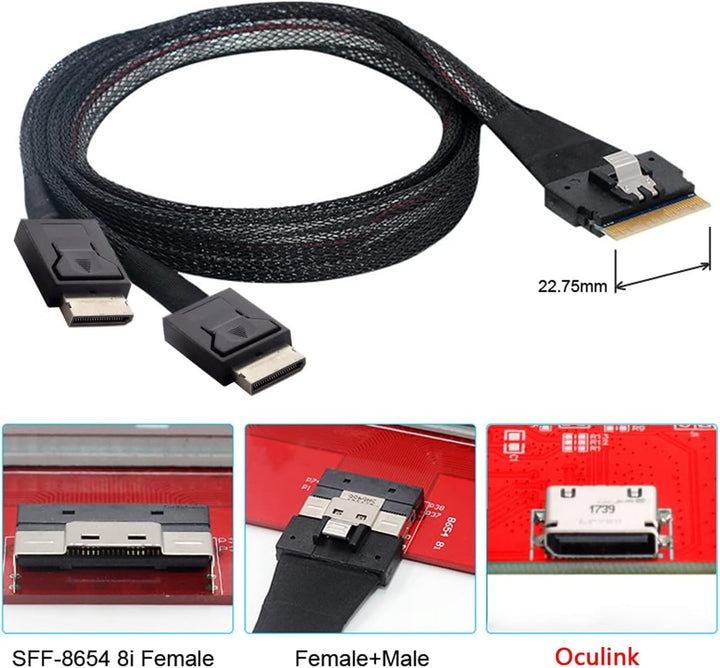 Cablecc PCI-E Ultraport Slimline SAS Slim 4.0 SFF-8654 8i 74pin to Dual Oculink SFF-8611 Cable 50cm