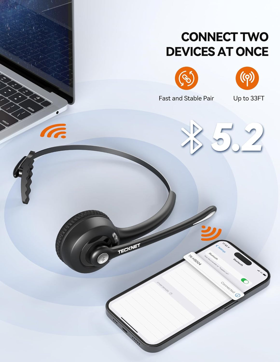 TECKNET Bluetooth Headset mit Mikrofon & USB Dongle, kabelloses PC Headset, Rauschunterdrückung und