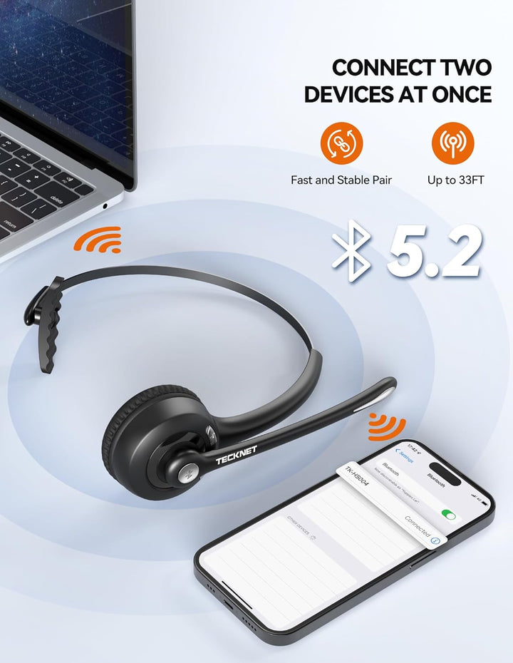 TECKNET Bluetooth Headset mit Mikrofon & USB Dongle, kabelloses PC Headset, Rauschunterdrückung und