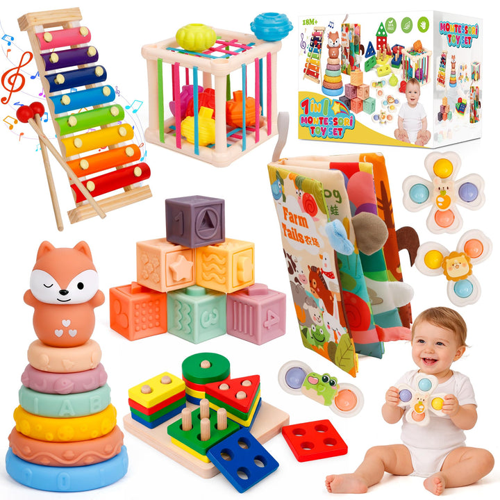 Montessori Spielzeug für Kleinkinder 1–3 Jahre, 7-in-1 Lernspielzeug Aktivitätsset mit Stoffbuch, St