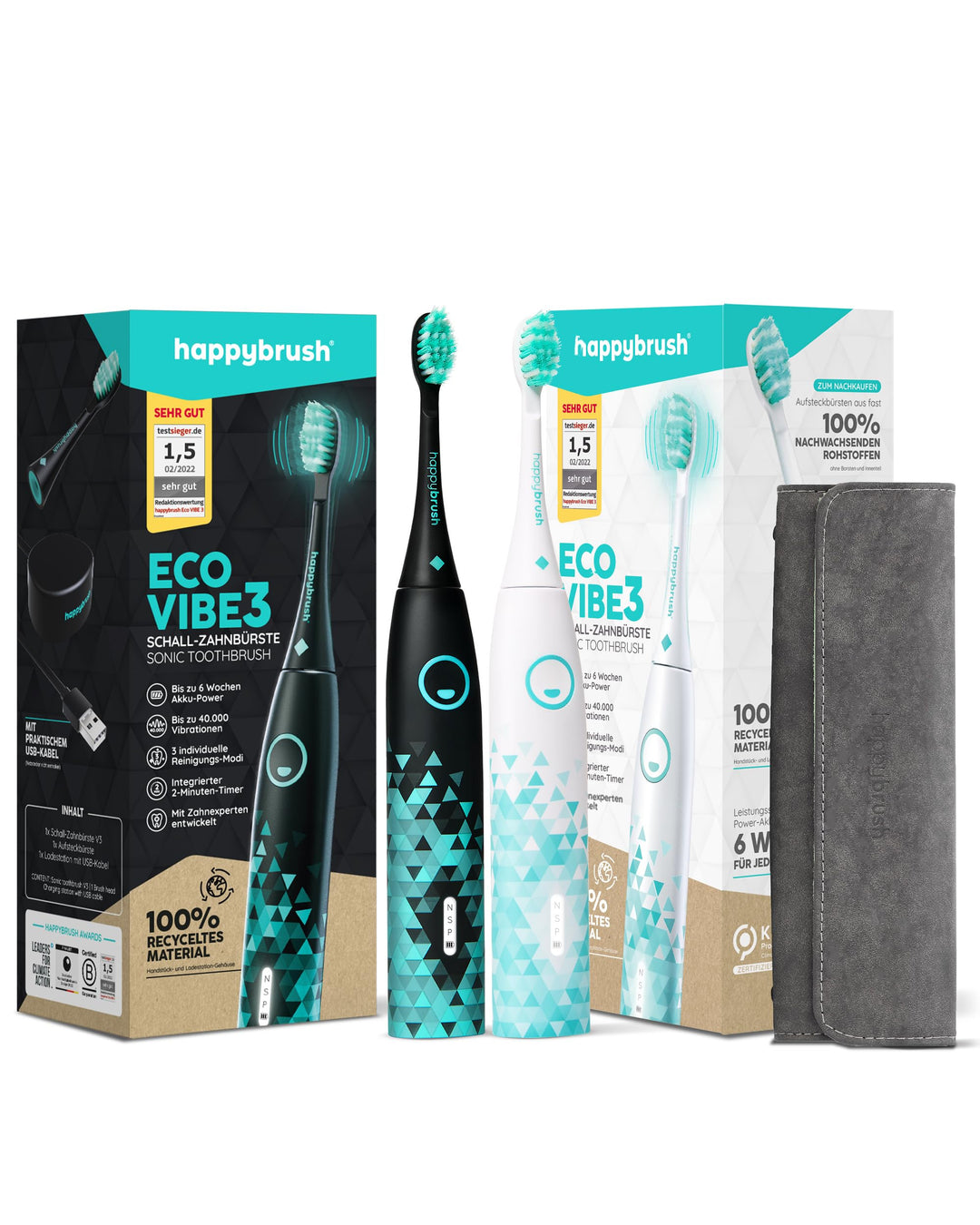 happybrush® Elektrische Schall-Zahnbürste Eco VIBE 3 im Doppelpack - Nachhaltige Zahnbürste mit 6 Wo