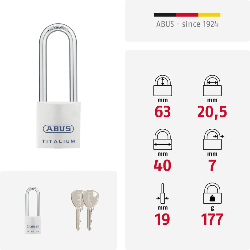 ABUS Titalium Vorhängeschloss 80TI/40HB63 gl.-8012 - gleichschliessend und mit hohem Bügel - leichte