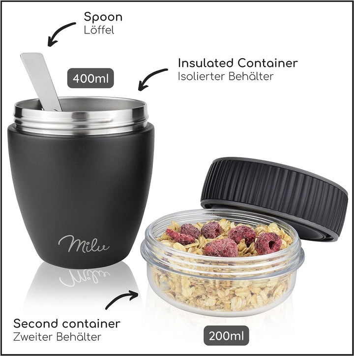 Milu Müslibecher to go 400ml I isolierter Edelstahl Joghurtbecher für Müsli I auslaufsicherer Becher