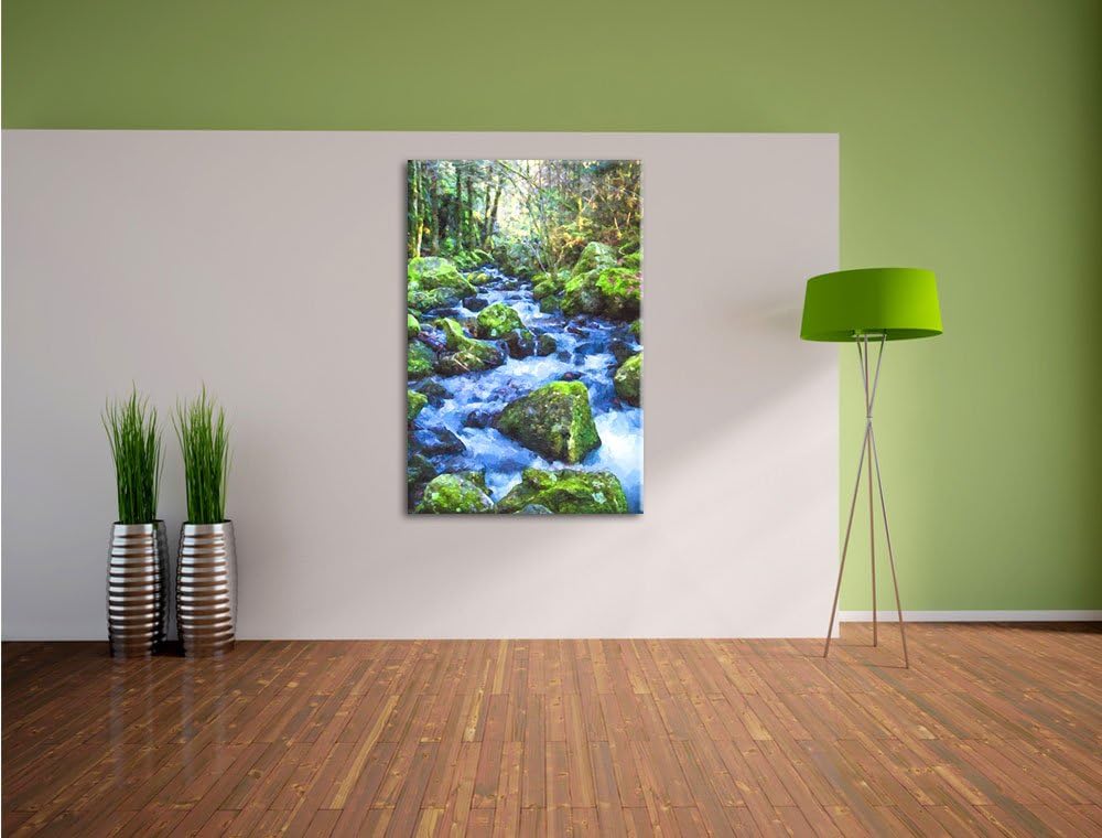 Pixxprint Wilder Bach im Wald als Leinwandbild/Grösse: 100x70 cm/Wandbild/Kunstdruck/fertig bespannt