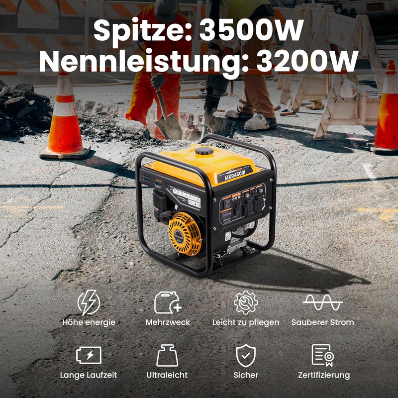 maXpeedingrods Inverter Stromgenerator 3500W Benzin 4 Takt mit zwei 230V Steckdosen Leise und leicht