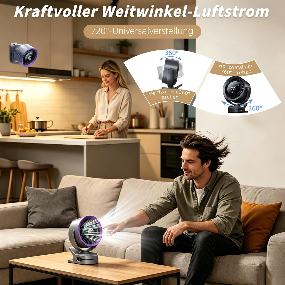 Clip Ventilator, Tragbarer Tischventilator Akku, 5 Geschwindigkeiten Leise Ventilator mit LED Displa