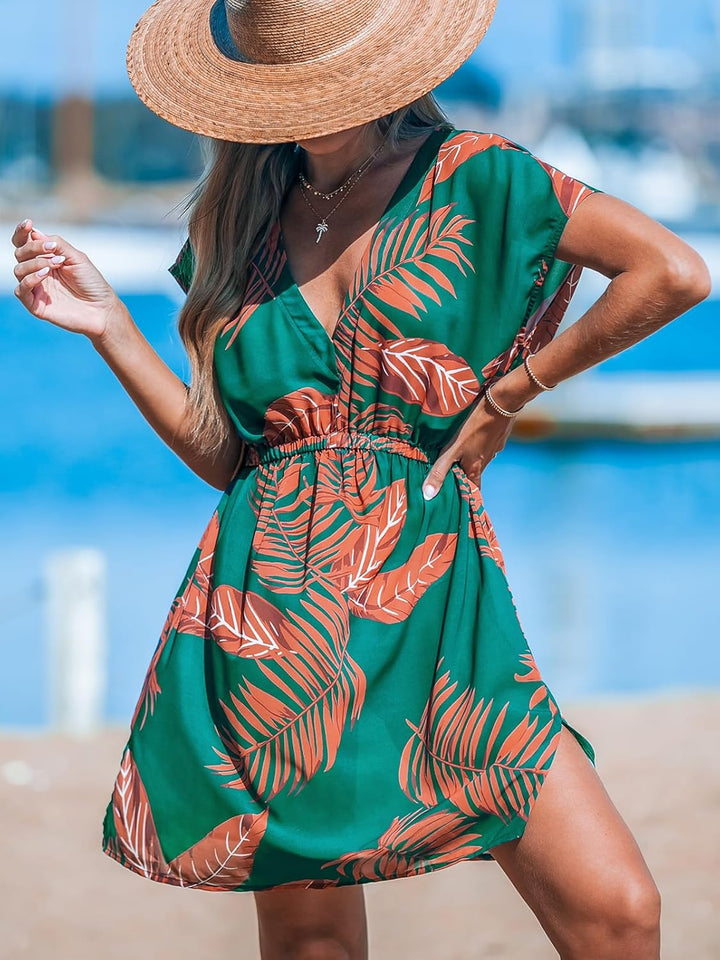 CUPSHE Damen Bikini Cover Up Strandkleid V Ausschnitt Kurzarm Blätter Print Seitenschlitz Sommer Bea