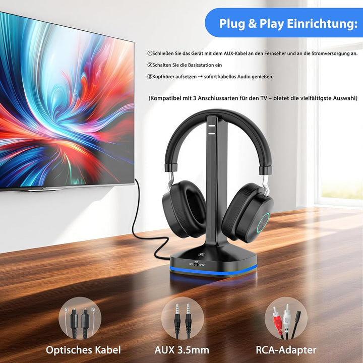Earbay Kopfhörer für Fernseher mit Sender-Ladestation – TV Kopfhörer kabellos mit V5.4 &amp; 3 Audiomodi