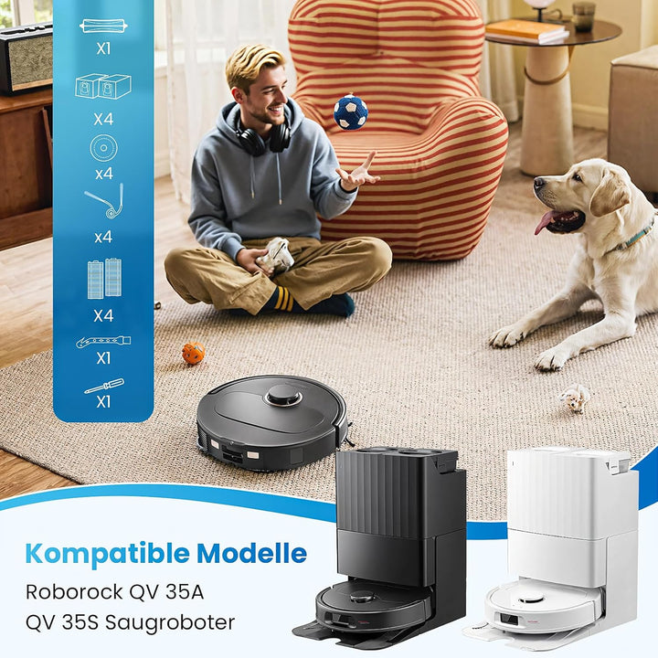 Zubehör für Roborock QV 35A / QV 35S Saugroboter, Ersatzteil mit 4 Staubbeutel 4 Seitenbürsten 4 Fil