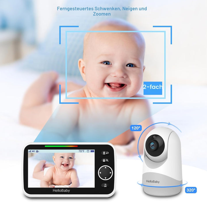 HelloBaby Monitor mit Kamera und Audio, 12,7 cm (5 Zoll) grosser Bildschirm mit 3500 mAh Akku, Ferns