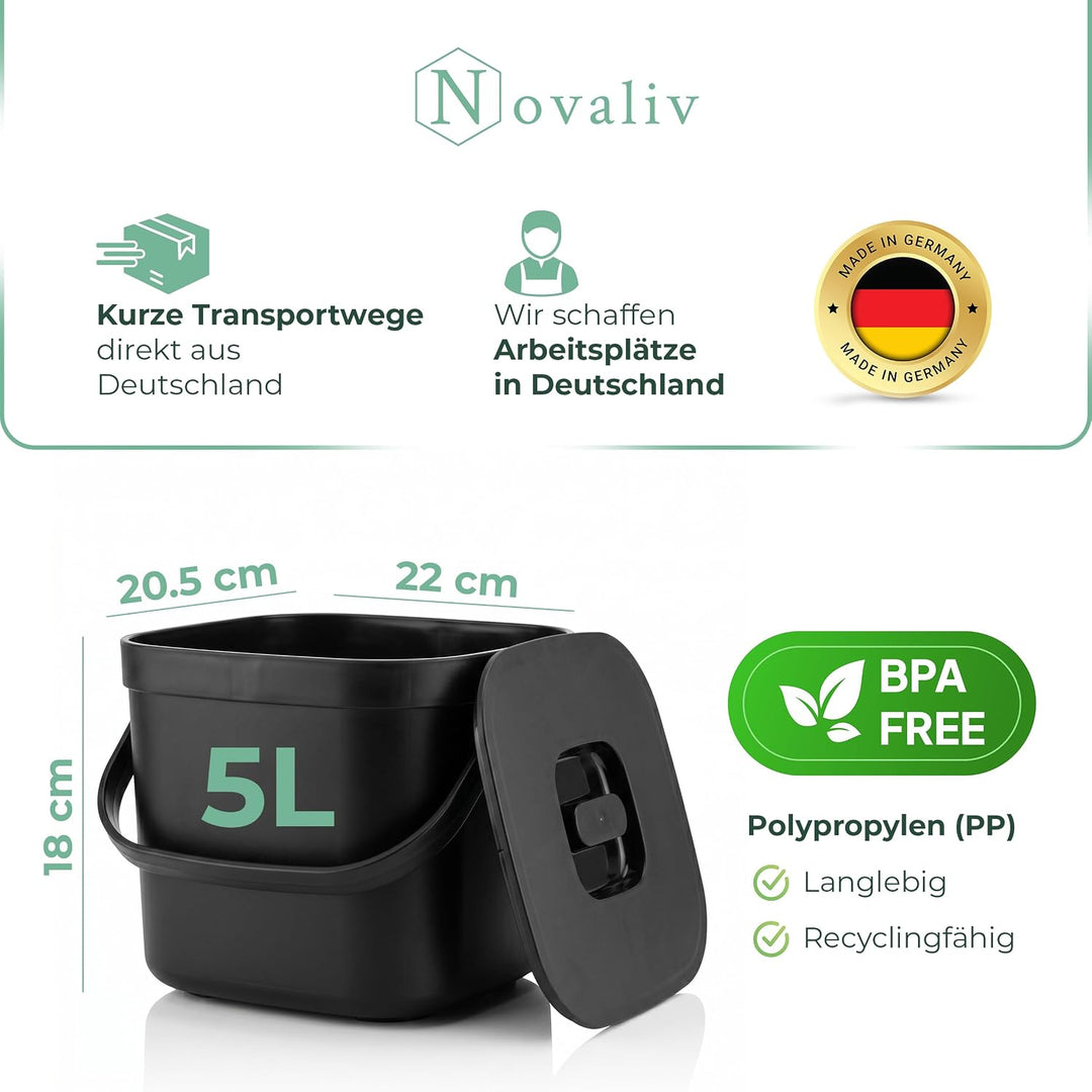 Novaliv Bio-Tischmülleimer 5L Schwarz 2er-Set mit Sieb, Komposteimer Küche mit Klappdeckel, Tragegri