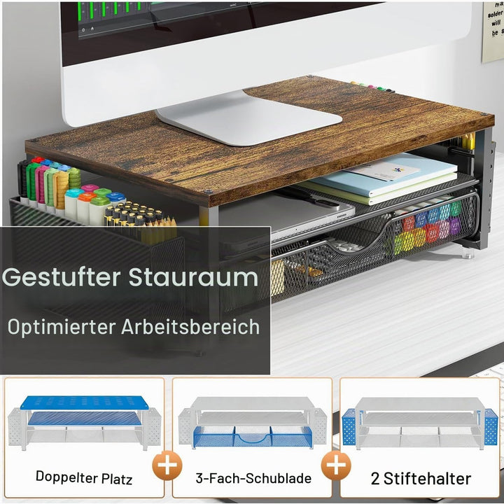 Monitorständer mit Schublade, Schreibtischorganizer und Zubehör, 2-stufiger Computer Monitor Erhöhun
